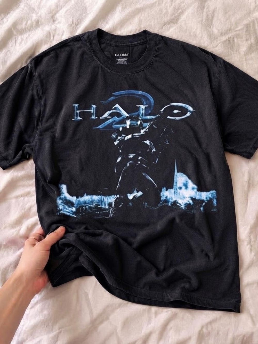 Gildan Black Short-Sleeve Halo Graphic Tee with Blue Print